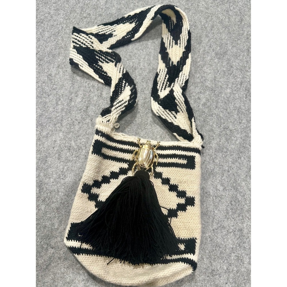 Woven Geometric Crossbody Bucket Bag Black Cream Beetle Charm Tassel Boho